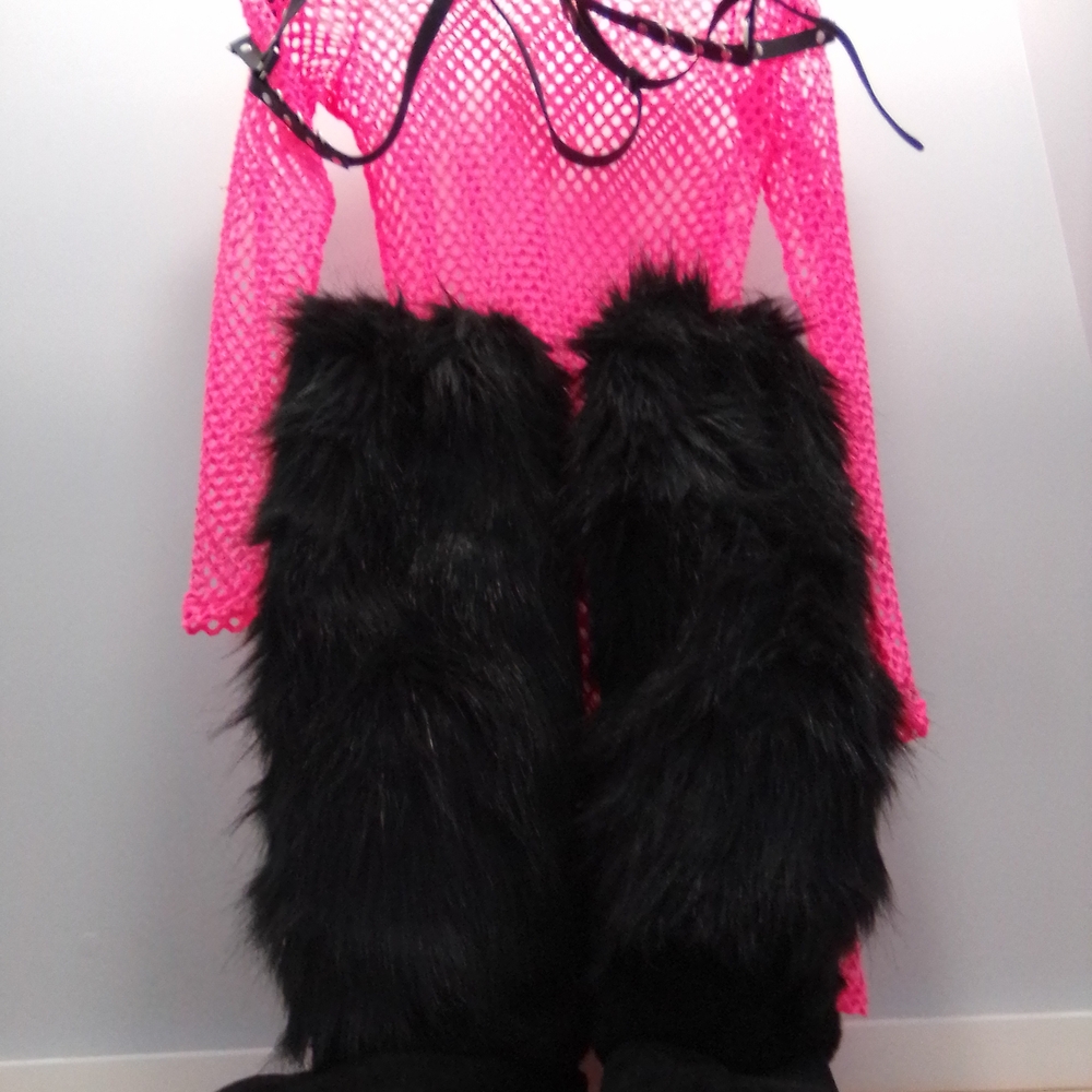Pink Mesh Top with Black Faux Fur Leg Warmers